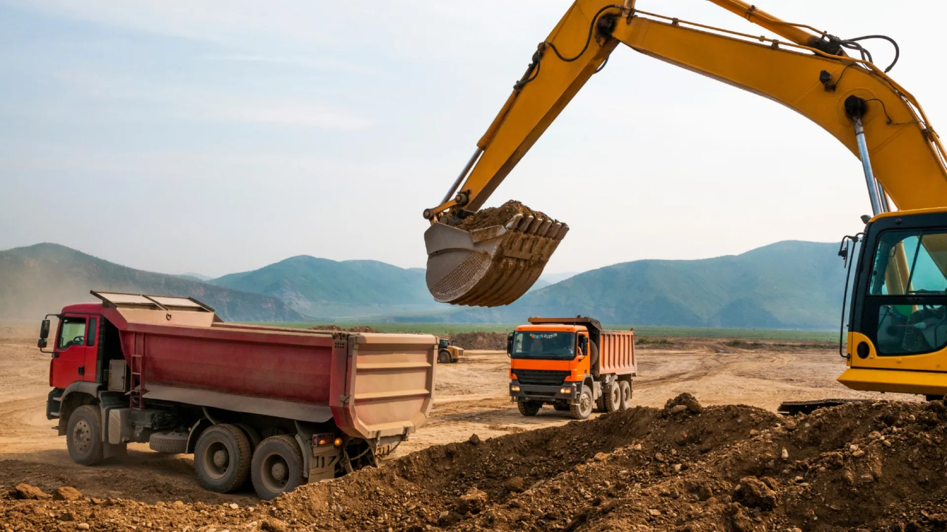 Excavator and dump trucks at a quarry site